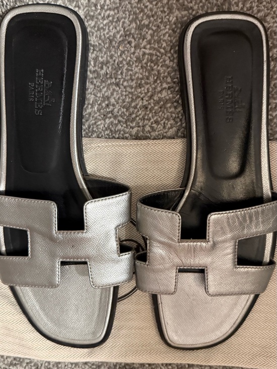 Hermes Shoes - Hermès Metallic Silver Oran Slide Sandals